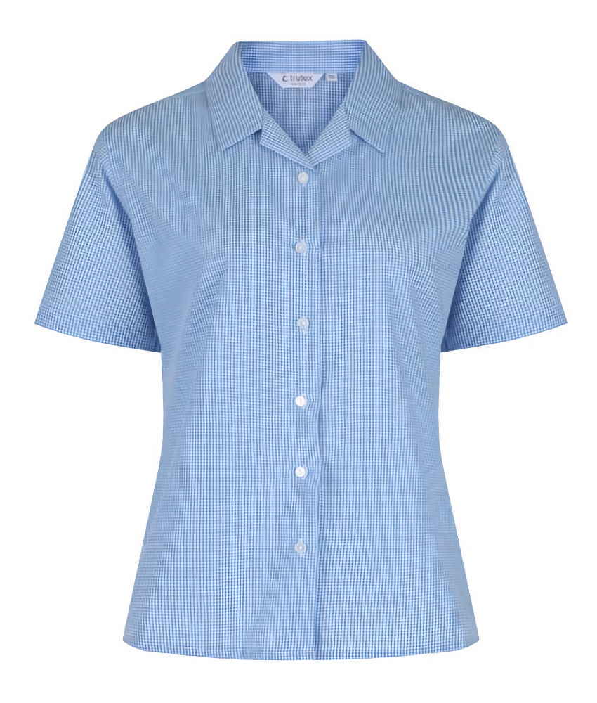Girl's Short Sleeve Rever Collar Blue Check Blouse (Twin Pack)